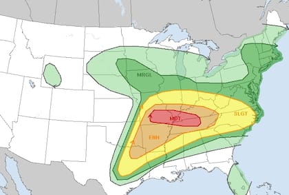Para este 8 de mayor hay un riesgo moderado de tormentas severas sobre porciones del sur/sureste de Missouri