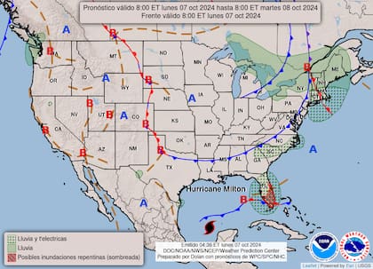 Para este lunes 7 de octubre se esperan fuertes lluvias e inundaciones repentinas en Florida, debido al paso del huracán Milton por el Golfo de México; además, continuará la ola de calor en California