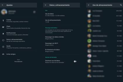 Para identificar cuáles son los chats que ocupan más espacio en el teléfono con fotos, videos y audios hay que ingresar en Ajustes, Datos y almacenamiento, y luego elegir Uso de almacenamiento