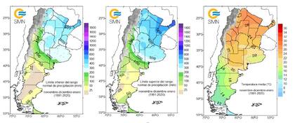 Para la precipitación, el mapa de la izquierda muestra el límite inferior del rango normal y el mapa del medio el límite superior del rango normal; el tercer mapa es de temperatura