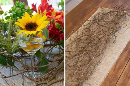 Para lograr distintos planos en las alturas de las flores, pueden alternarse tubos contenedores con copas de vidrio. La estructura natural que hace de base, hecha con ramas de enamorada del muro, se puede guardar para otra oportunidad.