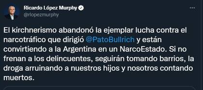 Para López Murphy, El FdT está convirtiendo al país en un "narco-Estado".