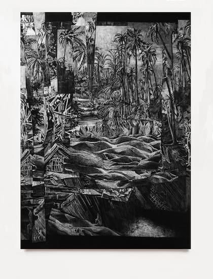 Para los dibujos abstractos de esta serie, Ercole emplea agujas, cuchillas y otras herramientas que se inventa para descubrir el blanco del papel