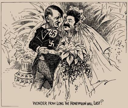 Para los expertos, el legado de Hitler y de Stalin fue de destrucción y muerte, mientras que Napoleón construyó cosas que aún hoy persisten. Aquí el líder Nazy y el líder Soviético en una caricatura de 1939