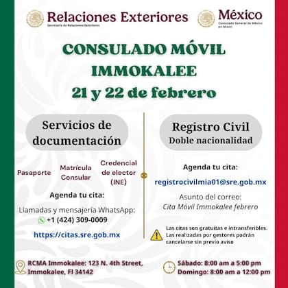 Para ser atendido, es necesario sacar cita previa por WhatsApp o internet (Instagram/@consulmexmia)