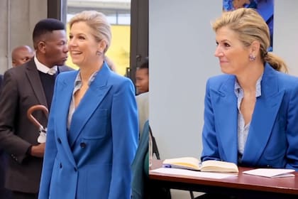 Para su primer día de actividades en Ciudad del Cabo, Zorreguieta se lució con un conjunto de saco y pantalón en color celeste (Foto: Captura de video - Instagram @patrickvkatwijk / @rickeversroyal / @queen.maxima)