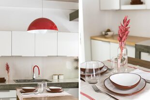 Para sumar color, en la cocina Natalia usó el rojo, su favorito, en la grifería, la lámpara y la vajilla Colbo heredada.