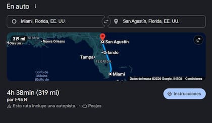 Para viajar en coche desde Miami, se necesitan recorrer 319 millas (513 km) hacia San Agustín.