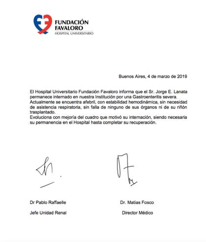 El parte médico de la institución