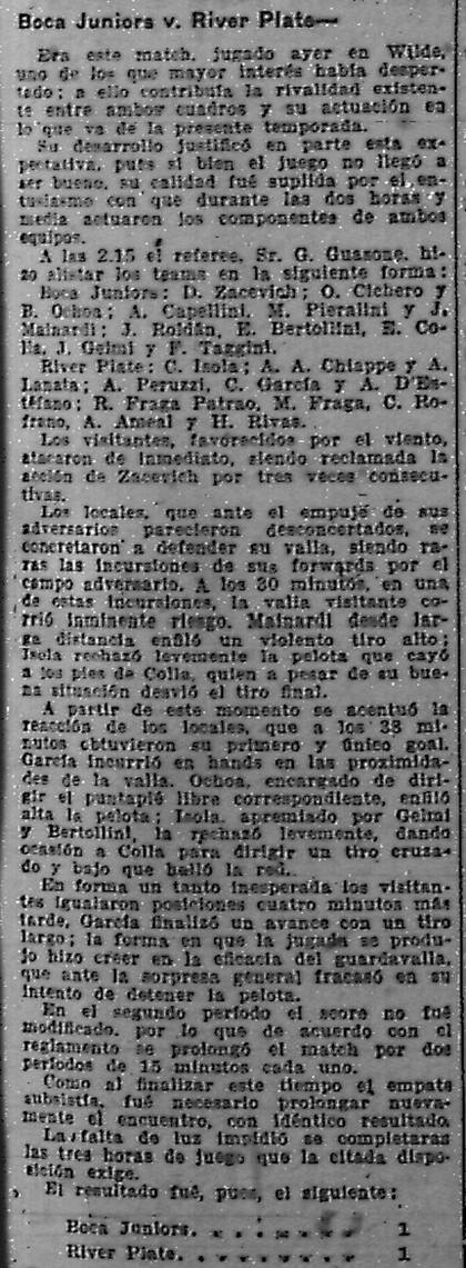 Parte de la crónica de LA NACION del 3 de mayo, referida al primer partido entre ambos por la Copa Competencia de 1915; a pesar de que se había tratado de apenas el tercer enfrentamiento en el historial, el diario ya hablaba de "la rivalidad existente entre ambos cuadros".