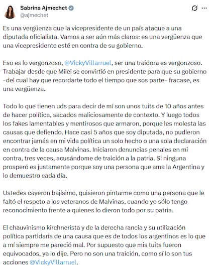 Parte de la extensa publicación de la diputada