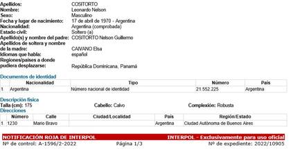 Parte de la notificación roja de Interpol con la búsqueda del prófugo Leonardo Cositorto, en la que figura, como uno de sus probables domicilios, el de Mario Bravo 1230, Ciudad de Buenos Aires, donde, en realidad, funcionaba un bar que él usó como oficina y del que se fue sin pagar