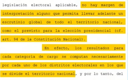 Parte de la resolución de la Cámara Electoral