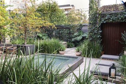 Parte de la vista principal desde la galería: la fuente pileta, el solárium y la pérgola.