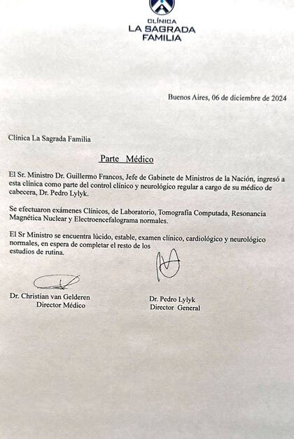 Parte de médico por la salud de Guillermo Francos