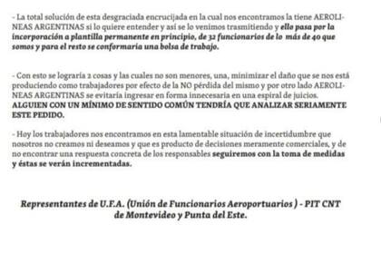 Un fragmento del comunicado de UFA