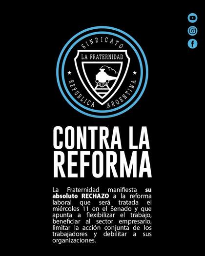 Parte del comunicado de La Fraternidad en rechazo a la reforma laboral