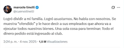 Parte del descargo de Marcelo Tinelli en X (Foto: Captura X/@cuervotinelli)