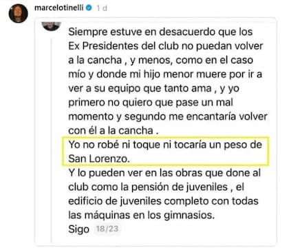 Parte del descargo que Marcelo Tinelli hizo en sus redes
