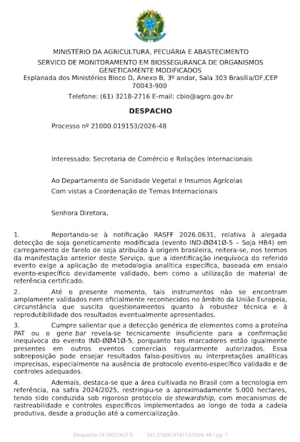 Parte del documento del Ministerio de Agricultura de Brasil
