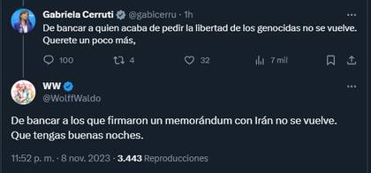 Parte del intercambio entre Wolff y Cerruti en las redes sociales