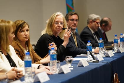 Parte del Jurado de Enjuiciamiento de Magistrados y Funcionarios de la provincia de Buenos Aires; en el centro, la presidenta del jury, la jueza de la Suprema Corte Hilda Kogan
