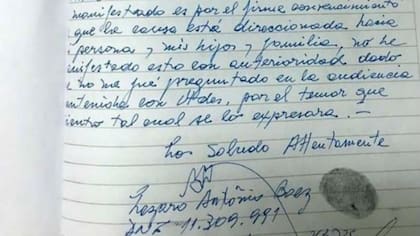 Parte del manuscrito de Lázaro Báez sobre Cristina Kirchner y el juez Casanello
