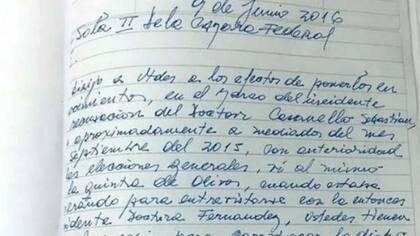 Parte del manuscrito de Lázaro Báez sobre Cristina Kirchner y el juez Casanello