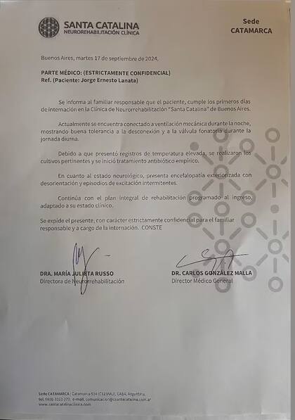 Parte médico de Jorge Lanata, dado a conocer el 17 de septiembre de 2024.
