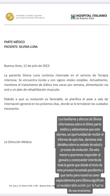 Parte médico oficial sobre la salud de Silvina Luna