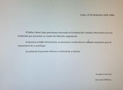 Parte médico sobre la salud del actor emitido por el Sanatorio de la Trinidad en el día de hoy
