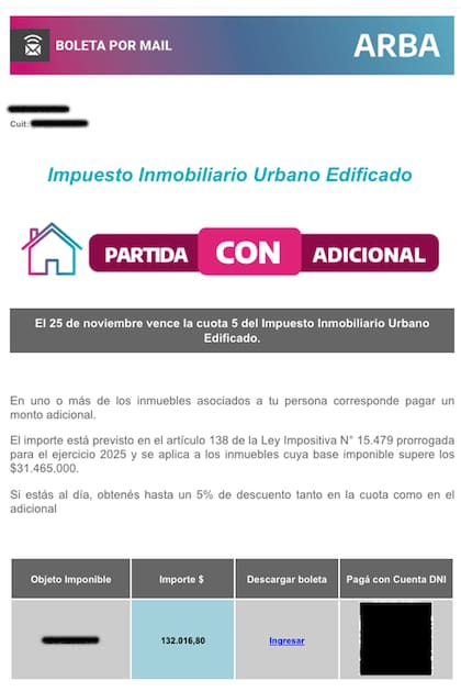 "Partida con adicional" anuncia la boleta de ARBA, en este caso por un propietario de la Costa Atlántica