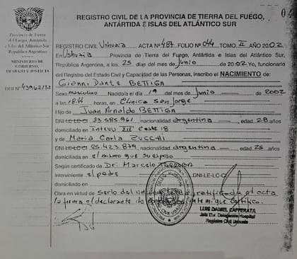 Partida de nacimiento de Dante Gianni Bettiga. Fuente: gentileza