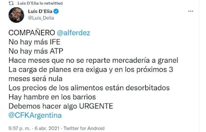 Pasadas las 19 de este miércoles, Luis D'Elía replicó un tuit de abril, que después borró