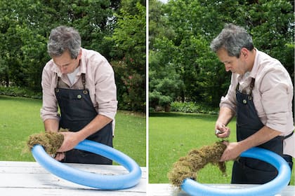 Paso 1 y 2: Después de unir los extremos del flota-flota, distribuir el musgo de a poco, sujetándolo con algunas vueltas de hilo de coser.
