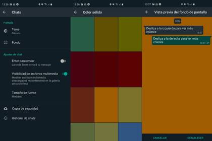 Paso a paso, el ajuste de cambio de color sólido de fondo y la vista previa en los mensajes de chat en WhatsApp