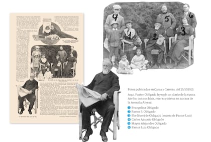 Pastor Servando Obligado ocupó varias páginas en Caras y Caretas. Nótese en la imagen familiar que aparece con un ejemplar de su obra Tradiciones Argentinas en la mano.