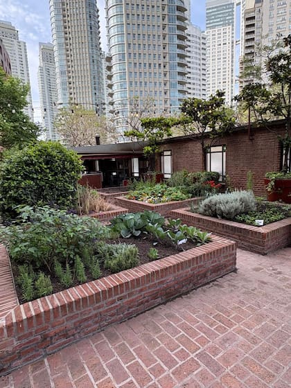 Patio del Faena Hotel con sus plantaciones que miran a los edificios de Puerto Madero