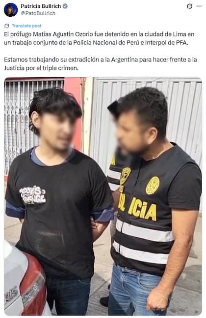 Patricia Bullrich confirmó el arresto de Matías Ozorio (Fuente: X @PatoBullrich)