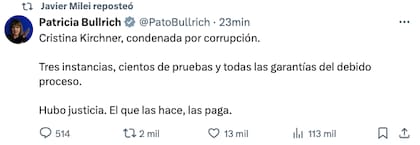 Patricia Bullrich, quien mantiene un enfrentamiento con Cristina Kirchner que data de hace largos años, se pronunció al respecto