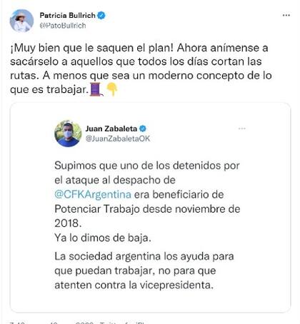 Patricia Bullrich tuiteó que les saquen los planes sociales a quienes "cortan las rutas"