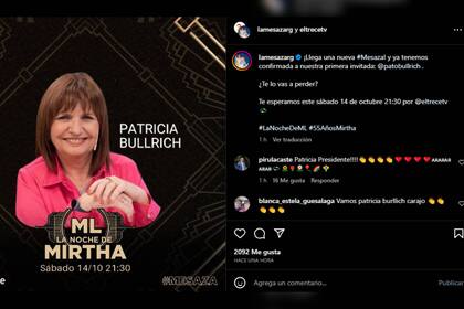 Patricia será la próxima invitada de Mirtha (Captura Instagram @lamesazarg)