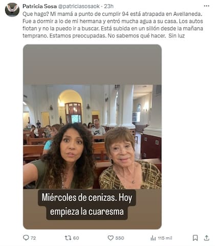 Patricia Sosa publicó un desesperado reclamo por su madre y se volvió viral