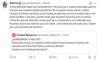 Paula Chaves estalló de furia contra Zaira Nara (Foto: X)