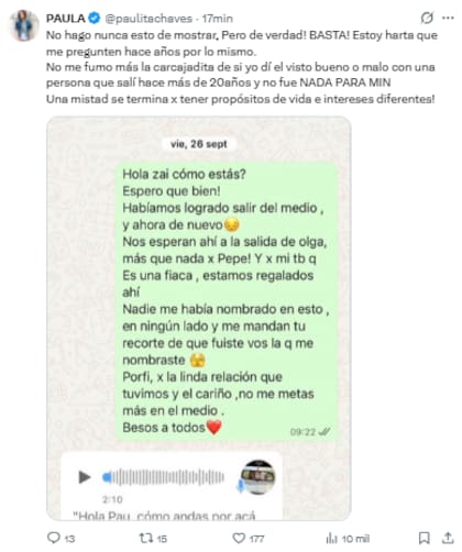 Paula Chaves expuso una conversación por WhatsApp con Zaira Nara (Foto: X)