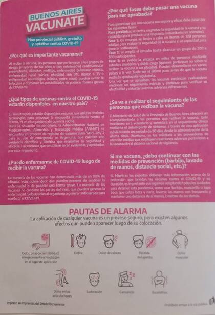 "Pautas de alarma", información sobre eventuales efectos adversos que puede generar la vacunación contra el coronavirus