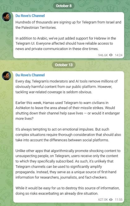Pavél Durov defendió en su perfil de Telegram las decisiones sobre la plataforma frente al conflicto entre Hamas e Israel