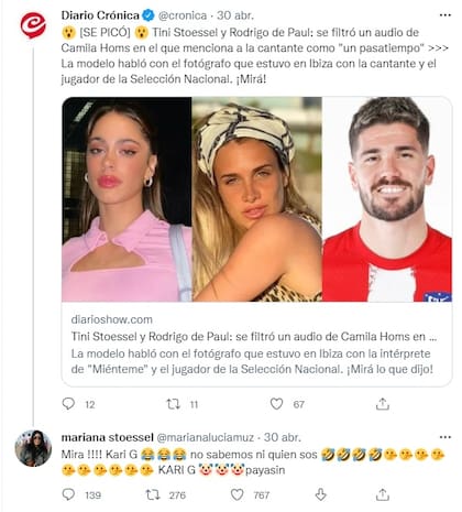 "Payasín", le dijo la madre de Tini Stoessel al paparazzi que fotografió a su hija con Rodrigo de Paul (Foto. Twitter)