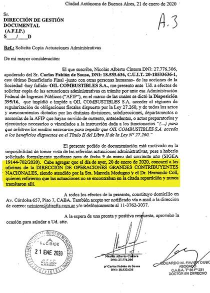 Los abogados de De Sousa presentaron documentos a la Justicia donde acreditan sus trámites con la AFIP y denotan molestia por las idas y vueltas en el organismo.