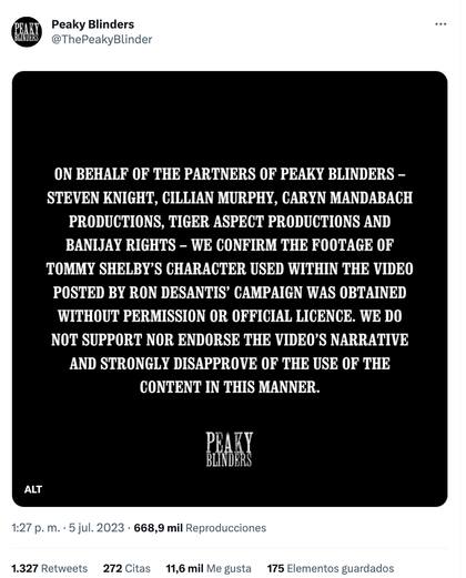 Peaky Blinders condenó un video de campaña de DeSantis